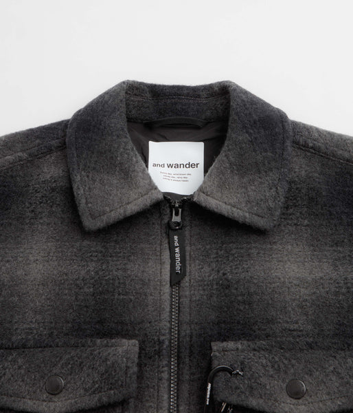 and wander Wool Shaggy Check Zip Jacket - Charcoal, view 5
