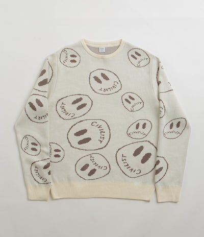 Civilist Smiler Knit Crewneck Sweatshirt in Ecru