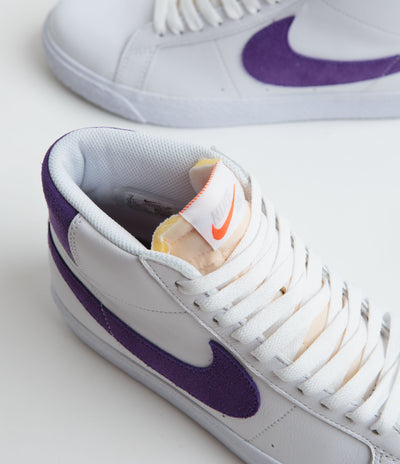 Nike SB Blazer Mid Shoes in White and Court Purple and White - Gum Light Brown
