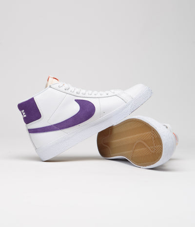 Nike SB Blazer Mid Shoes in White and Court Purple and White - Gum Light Brown