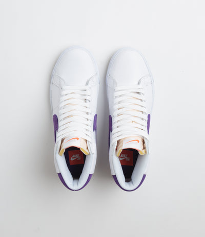 Nike SB Blazer Mid Shoes in White and Court Purple and White - Gum Light Brown