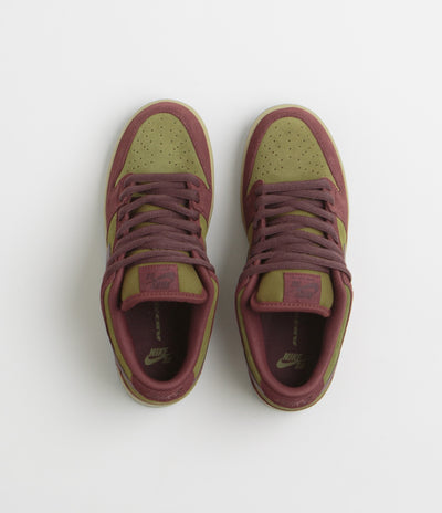 Nike SB Dunk Low Pro Shoes in Dark Team Red and Burgundy Crush and Olive Flak