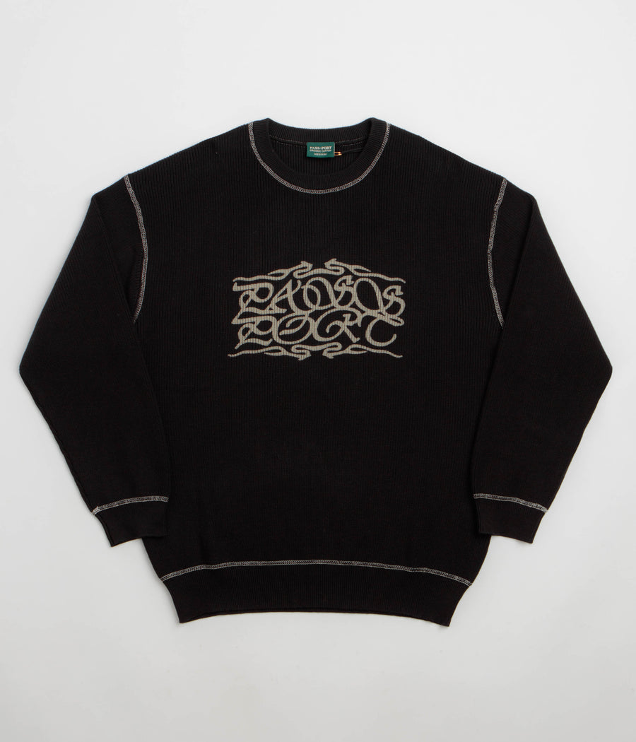 Pass Port Calligraphy Knit Crewneck Sweatshirt - Black