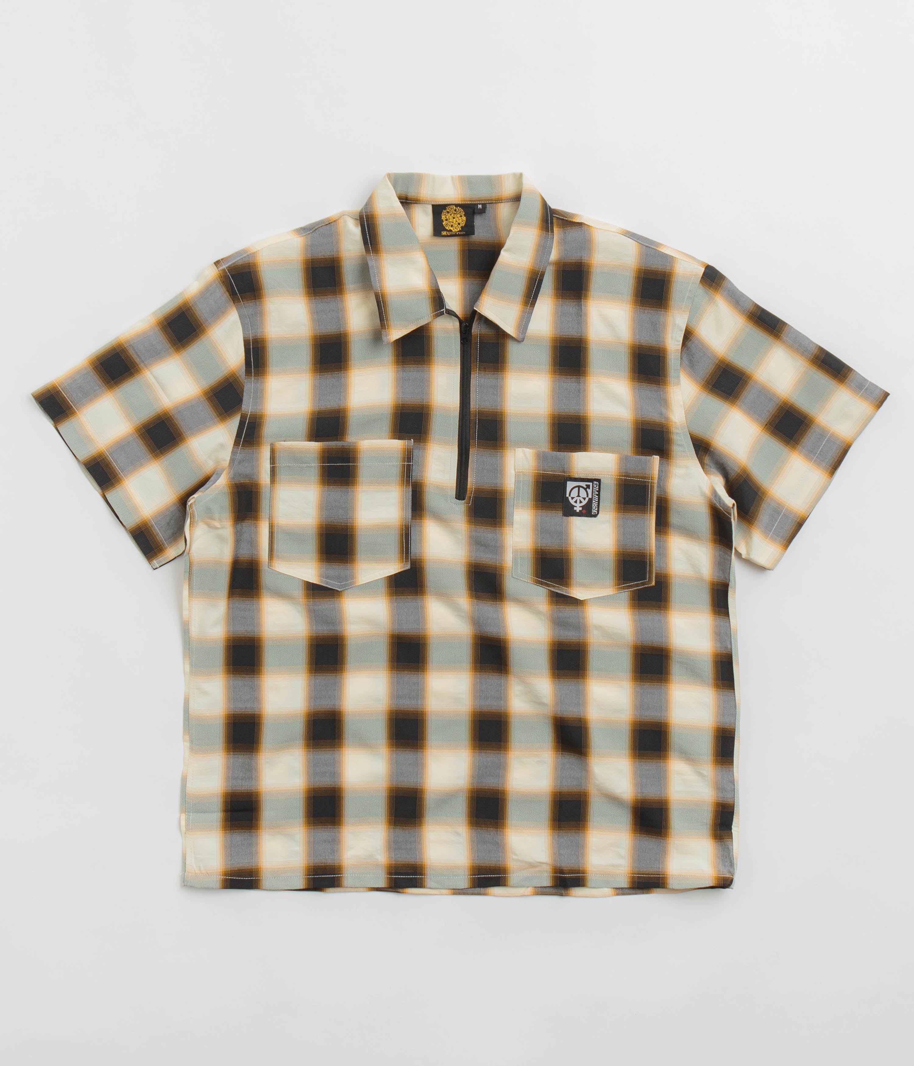 Sexhippies Half Zipper Short Sleeve Shirt - Off White / Black