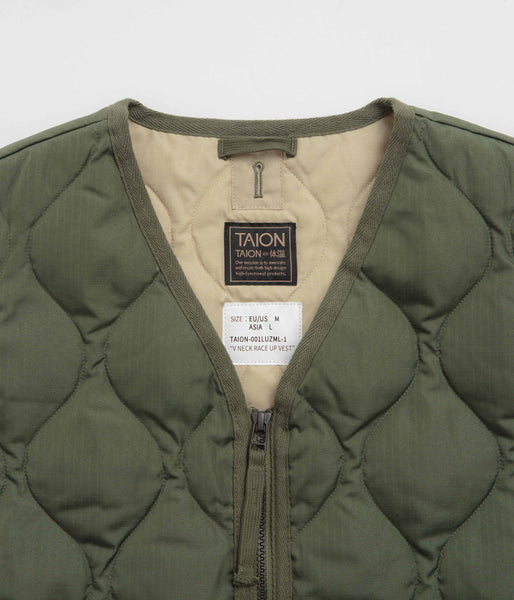 Taion Military W-Zip Lace Up V Neck Down Vest - Olive | flatspot
