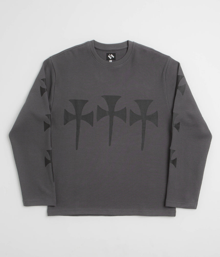 The Trilogy Tapes Three Cross Waffle Long Sleeve T-Shirt in Charcoal and Balck