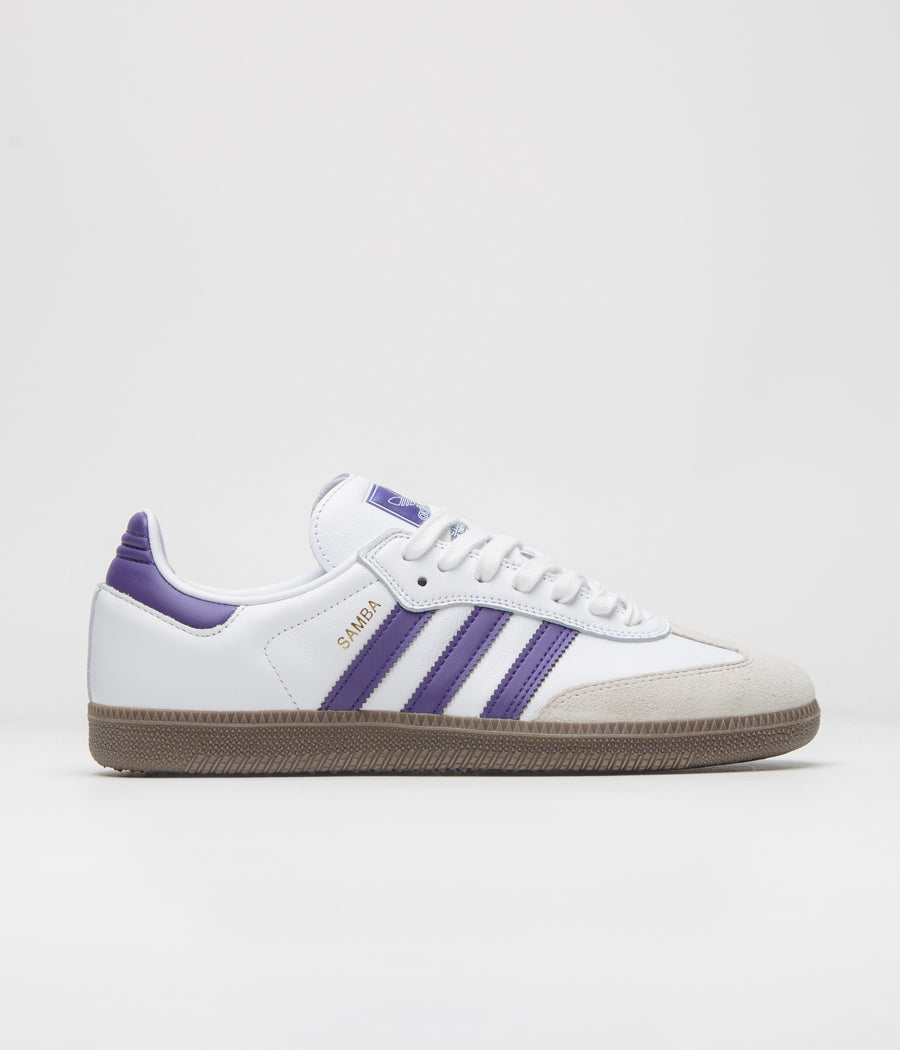Adidas Samba ADV Shoes in Cloud White and Collegiate Purple / Gold Metallic
