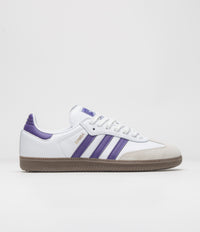 Adidas Samba ADV Shoes in Cloud White and Collegiate Purple / Gold Metallic