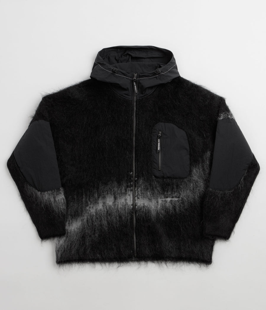 and wander Jacquard Shaggy Knit Full Zip Hoodie - Black