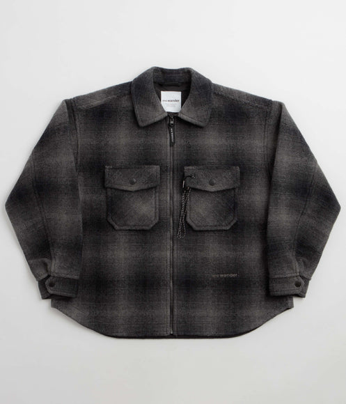 and wander Wool Shaggy Check Zip Jacket - Charcoal