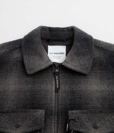 and wander Wool Shaggy Check Zip Jacket - Charcoal
