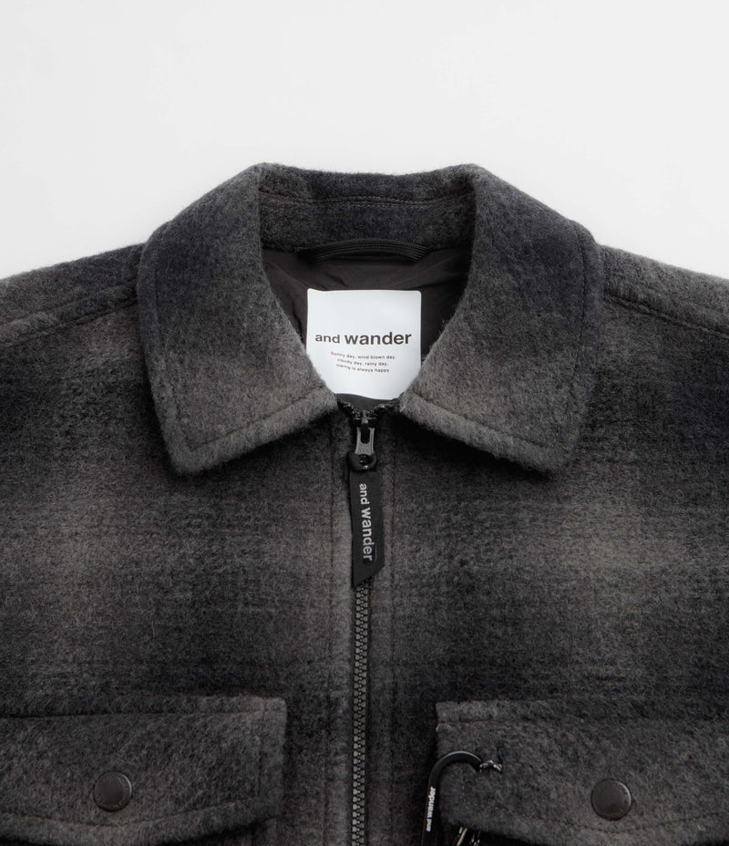 and wander Wool Shaggy Check Zip Jacket - Charcoal, view 17