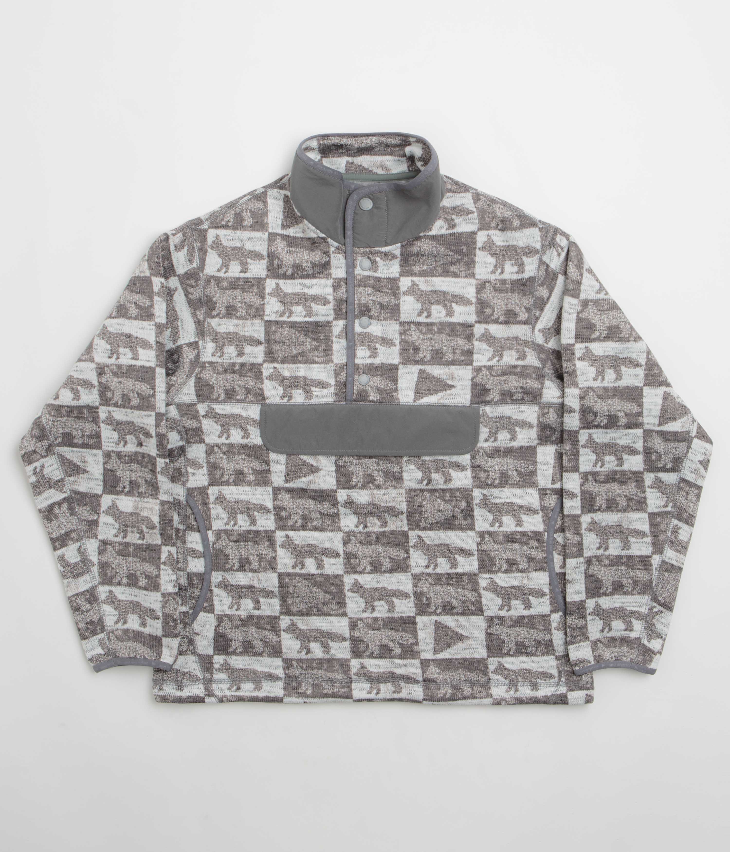 and wander x Maison Kitsune Fox Checkers Pullover Fleece in Grey