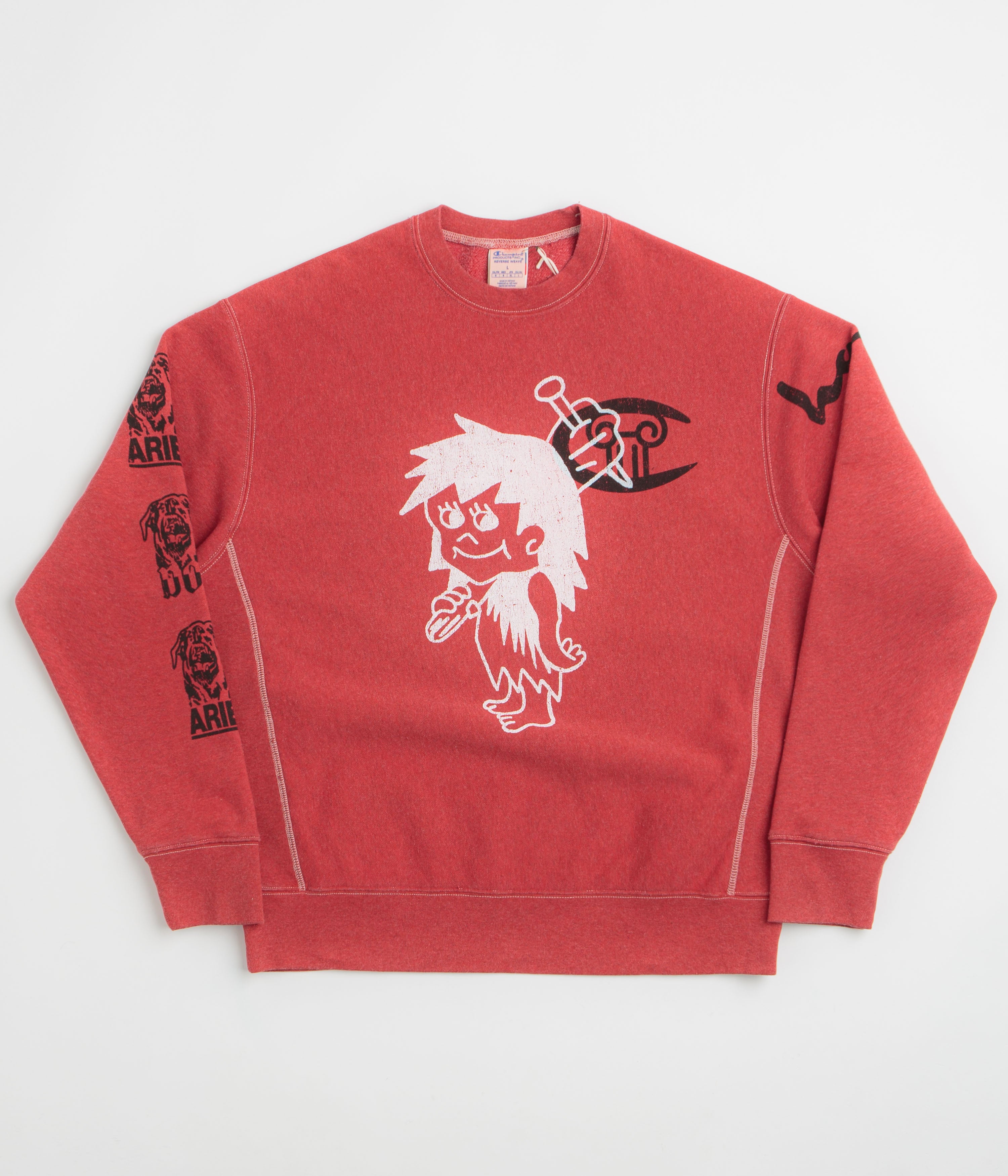 Aries x Champion Worry Crewneck Sweatshirt in Red