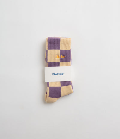 Butter Goods Checkered Socks in Eggplant and Tan