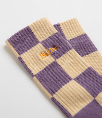 Butter Goods Checkered Socks in Eggplant and Tan