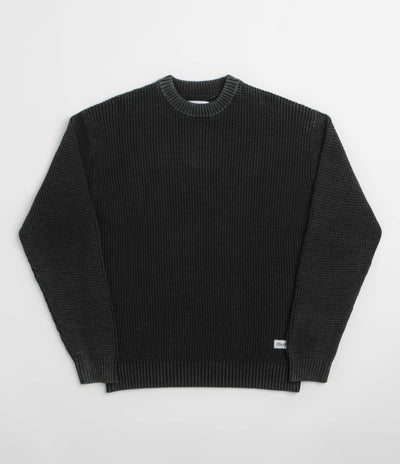 Butter Goods Distressed Waffle Knit Crewneck Sweatshirt - Washed Black