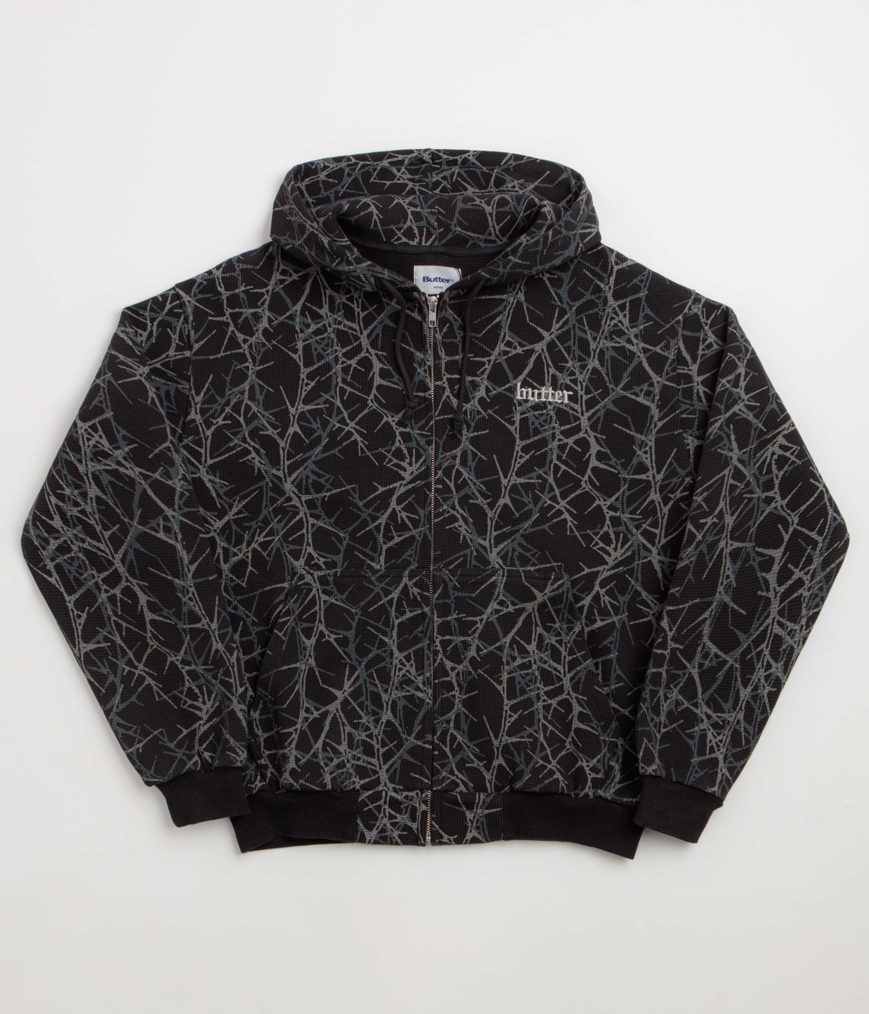 Butter Goods Thorn Camo Waffle Zip-Thru Hoodie in Black