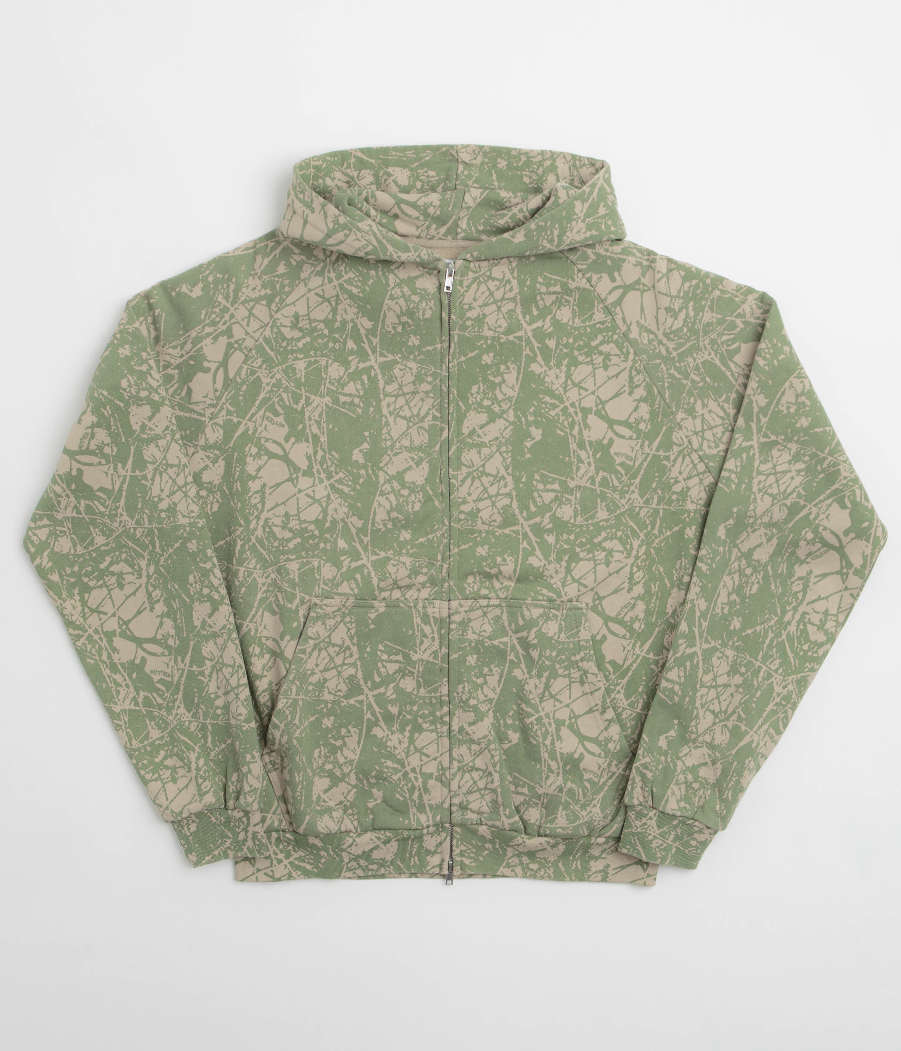 Butter Goods Woods Camo Zip-Thru Hoodie in Washed Sage