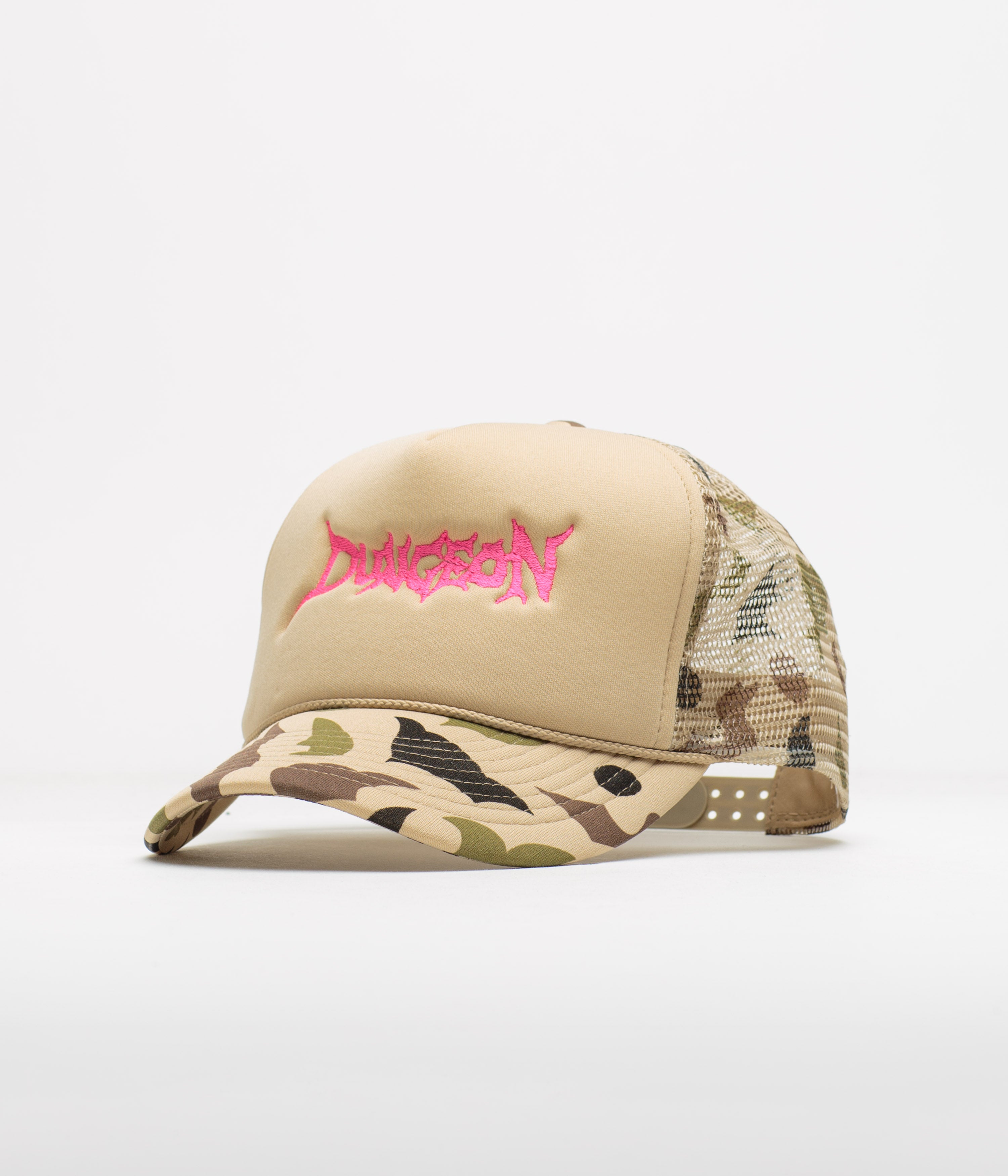 Dungeon Scrawl Logo Camo Cap in Sand Camo and Pink