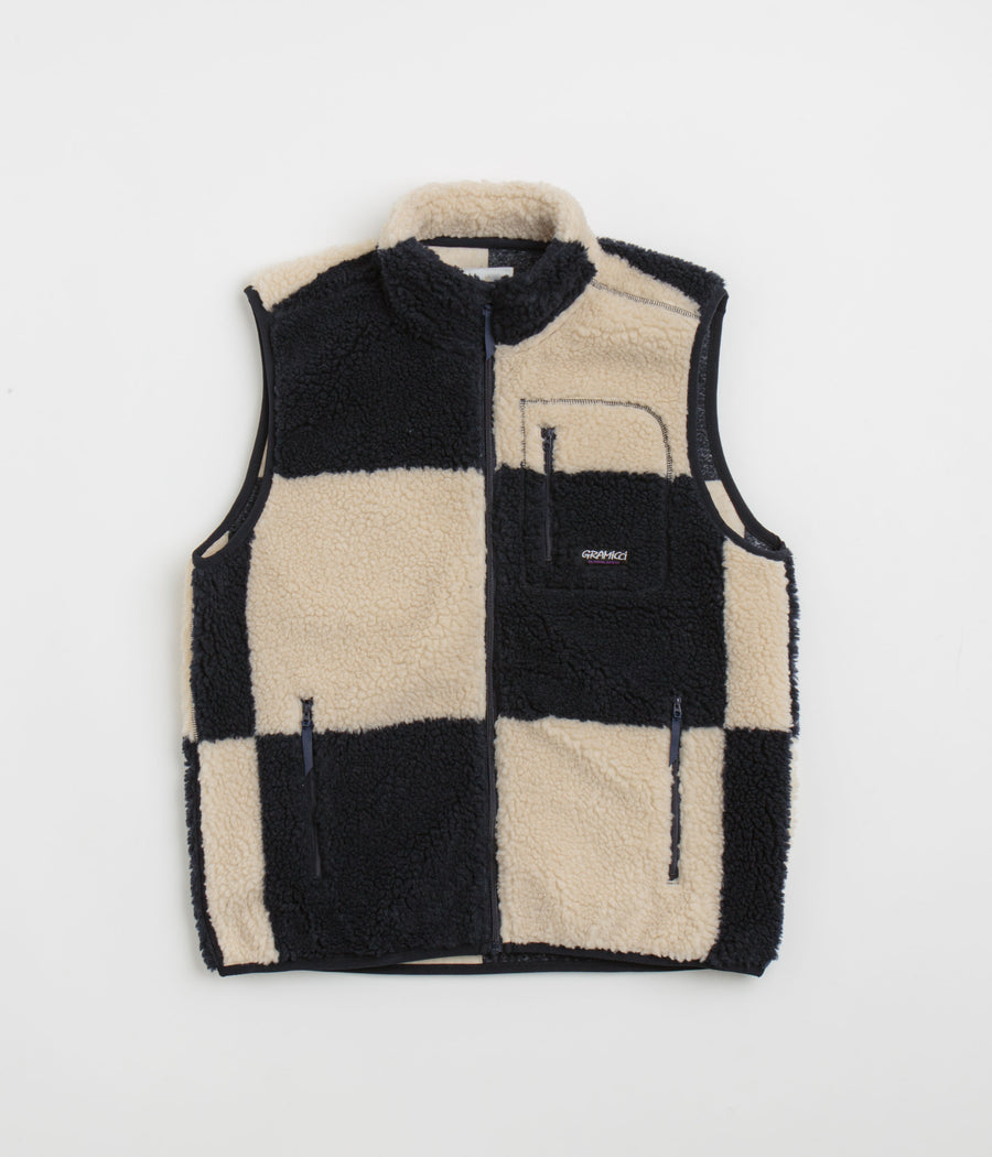 Gramicci Checkered Sherpa Vest in Natural and Navy Check