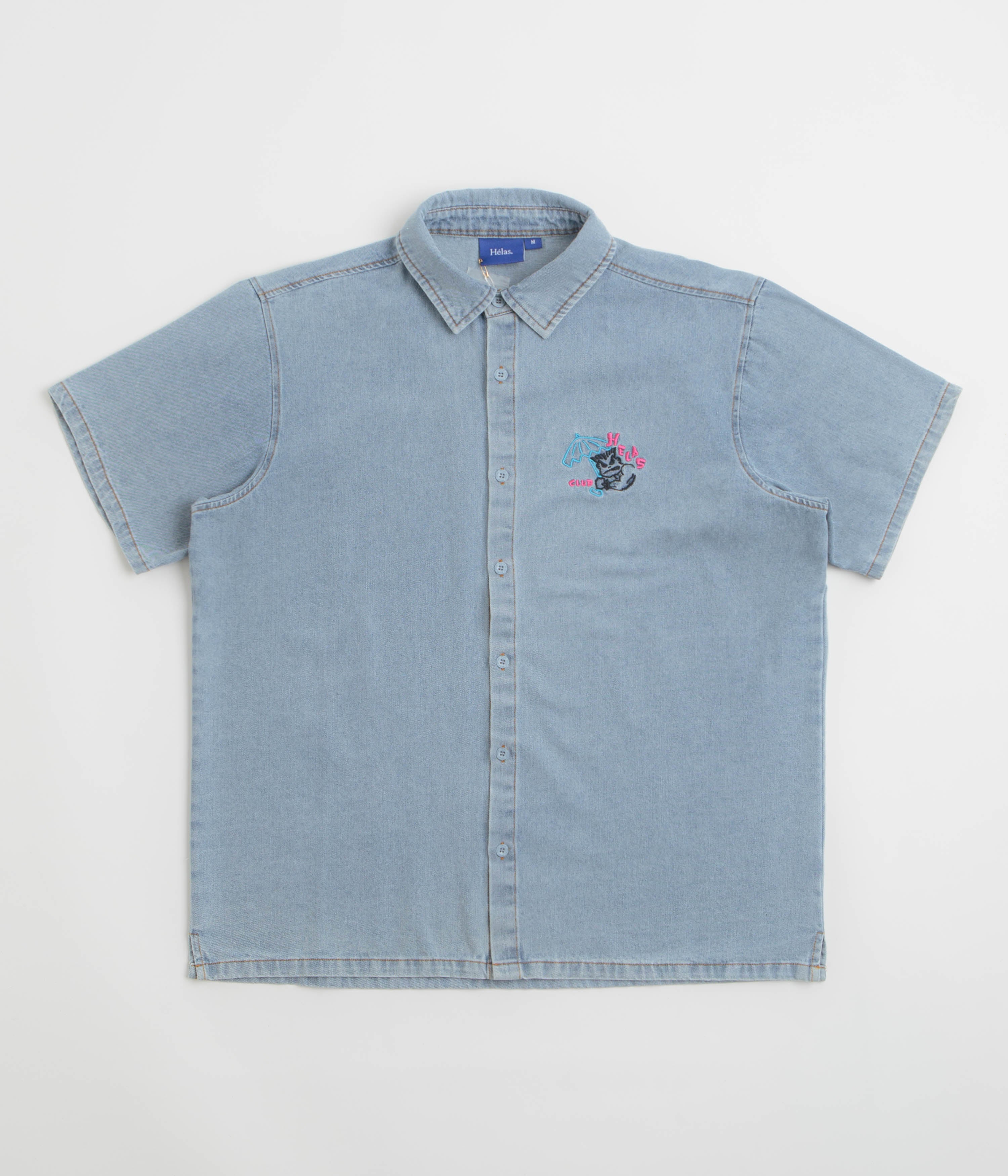 Helas Bad Washed Denim Short Sleeve Shirt in Light Blue