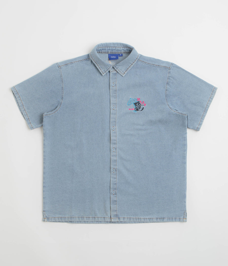 Helas Bad Washed Denim Short Sleeve Shirt in Light Blue