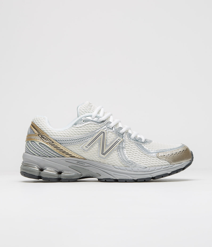 New Balance 860 Shoes in Sea Salt and Gold Metallic