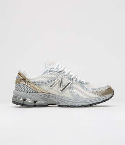 New Balance 860 Shoes in Sea Salt and Gold Metallic