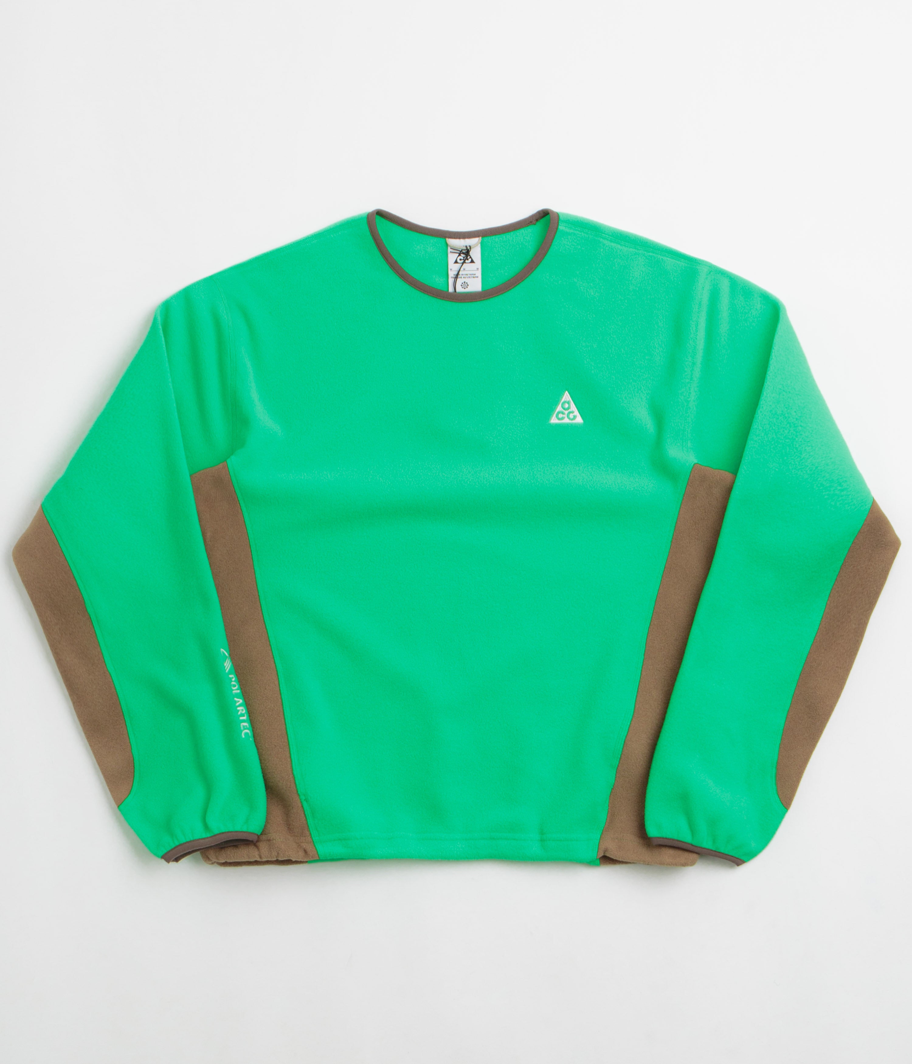 Nike ACG Wolf Tree Crewneck Sweatshirt  in Green Shock and Mosswood Brown / Summit White