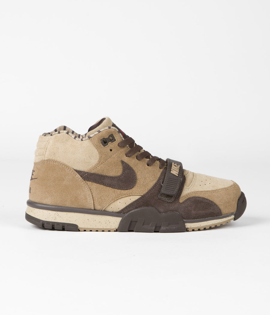 Nike Air Trainer 1 Shoes in Hay and Baroque Brown and Taupe - Varsity Red