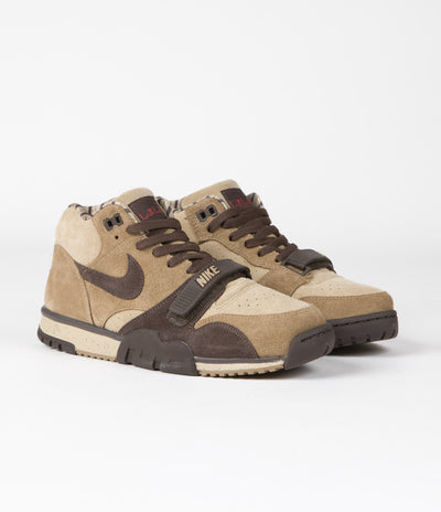 Nike Air Trainer 1 Shoes in Hay and Baroque Brown and Taupe - Varsity Red