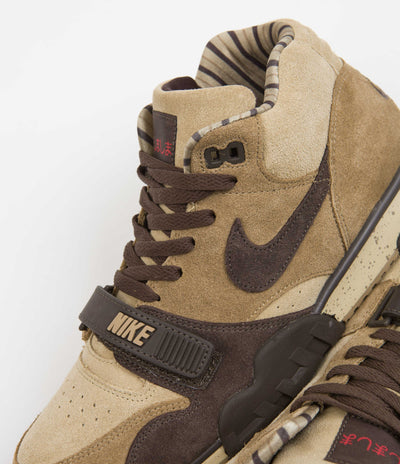 Nike Air Trainer 1 Shoes in Hay and Baroque Brown and Taupe - Varsity Red