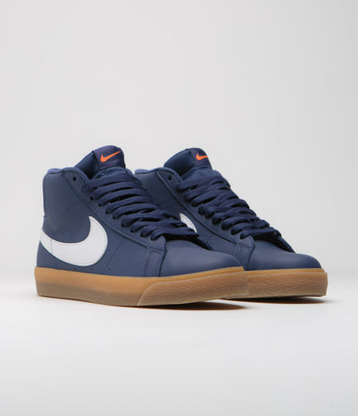 Nike SB Orange Label Blazer Mid Shoes in Navy and White and Navy - Gum Light Brown