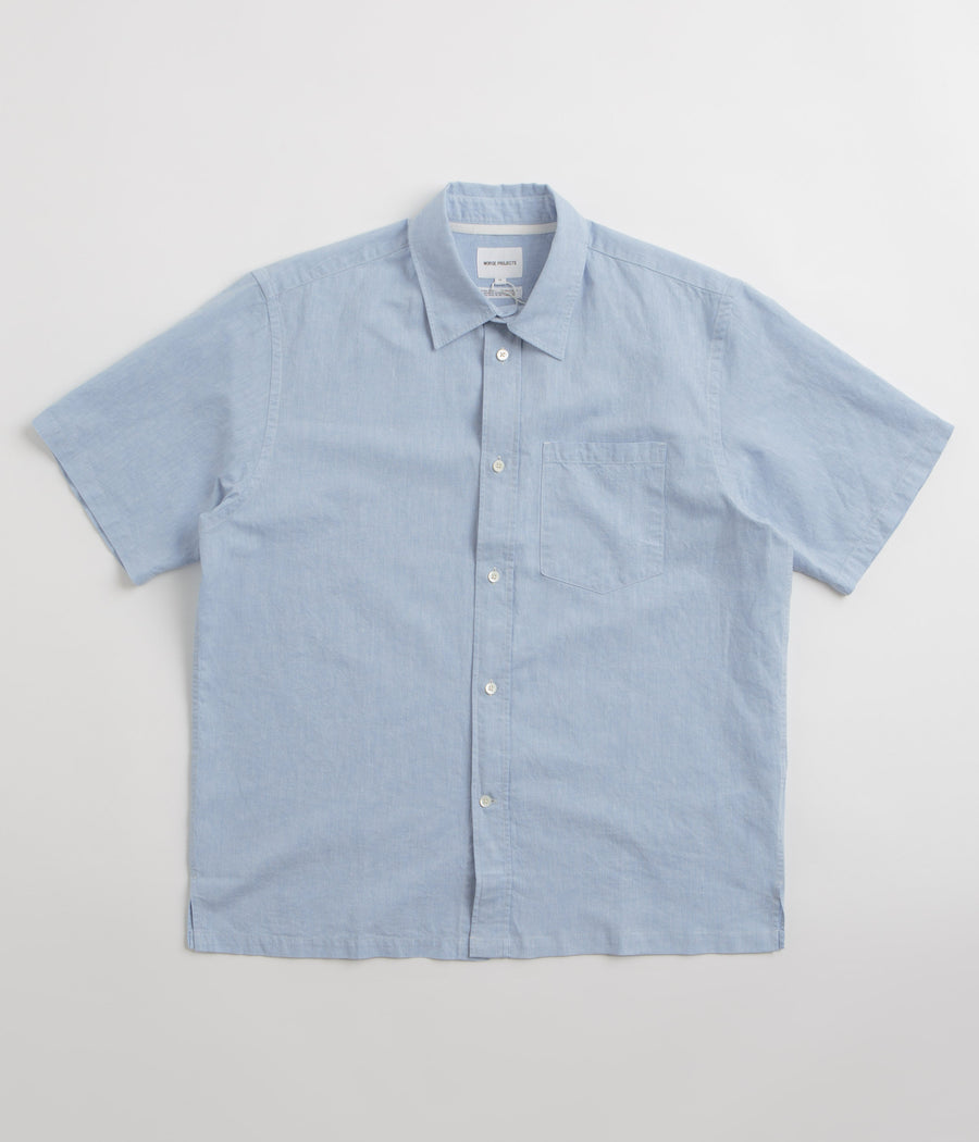 Norse Projects Ivan Relaxed Cotton Linen Short Sleeve Shirt in Pale Blue