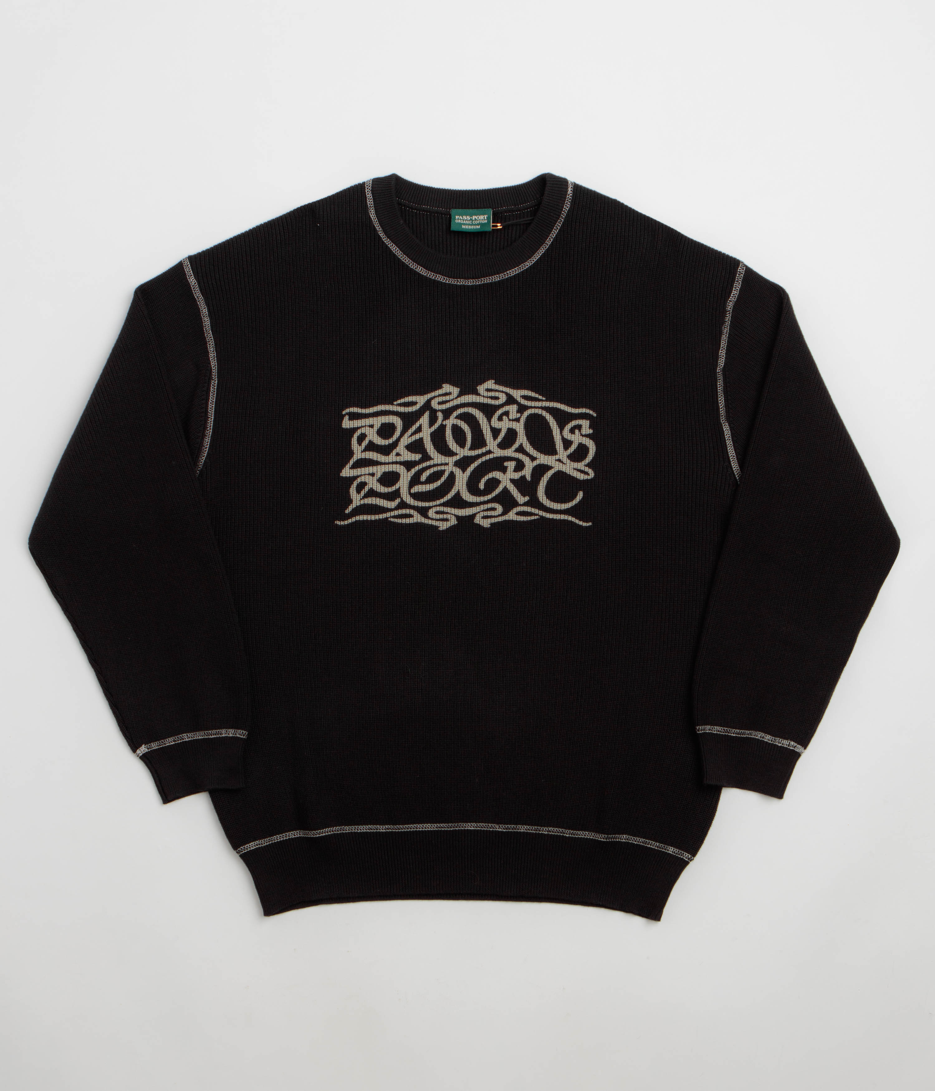Pass Port Calligraphy Knit Crewneck Sweatshirt - Black