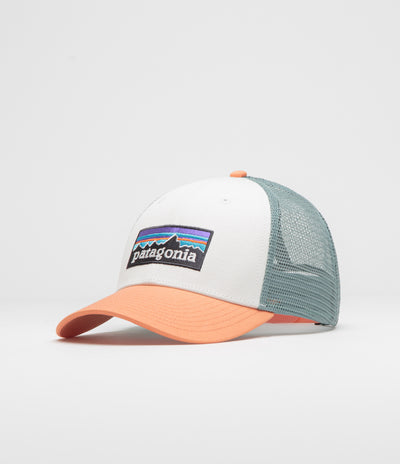 Patagonia P-6 Logo LoPro Trucker Cap in White and Peach Sherbet