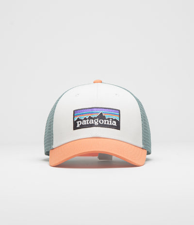 Patagonia P-6 Logo LoPro Trucker Cap in White and Peach Sherbet