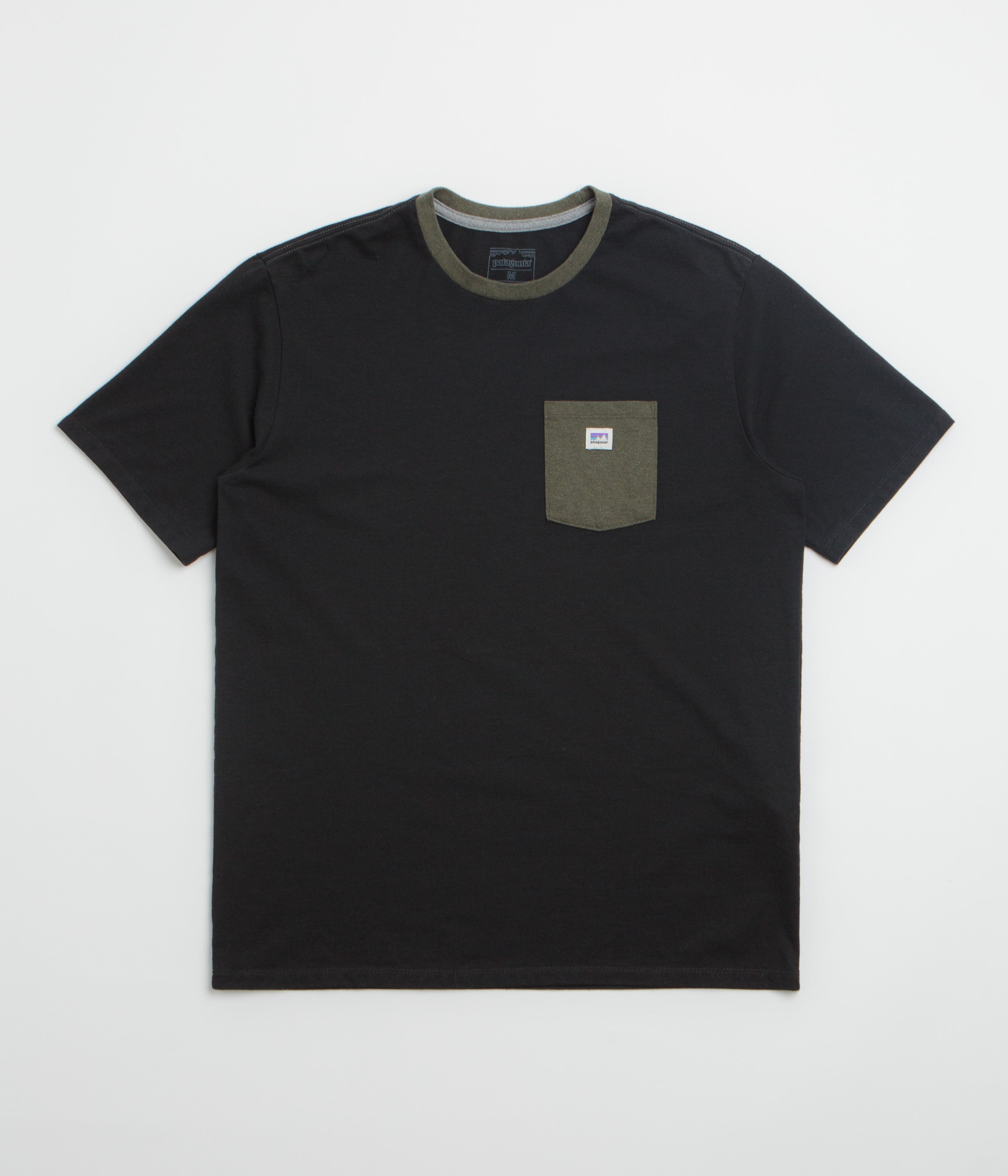 Patagonia Shop Sticker Pocket Responsibili-Tee T-Shirt in Black and Basin Green