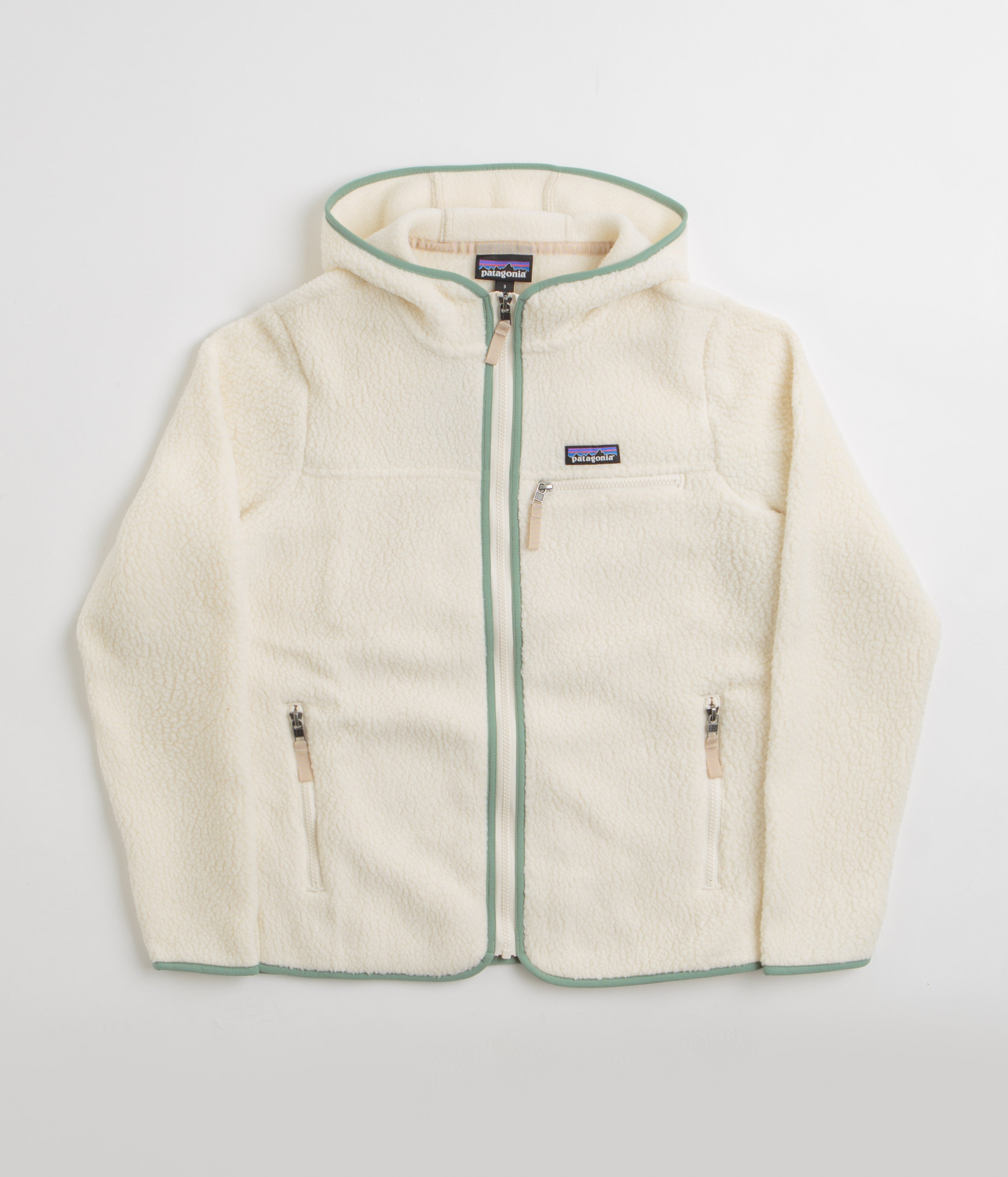 Patagonia Womens Retro Pile Hooded Fleece in Natural and Ellwood Green