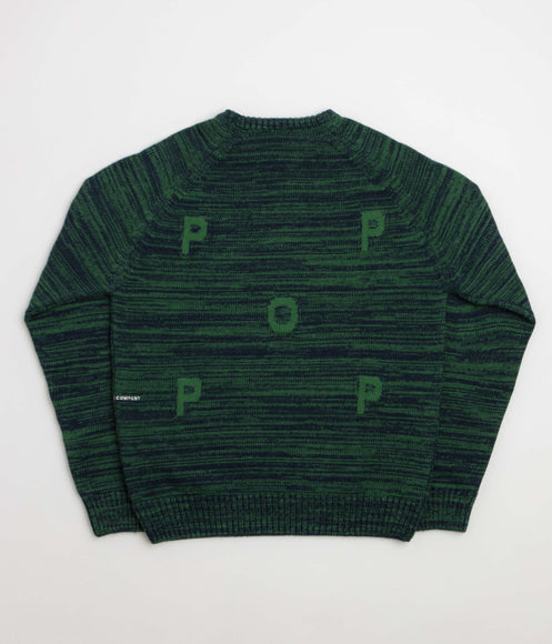 Pop Trading Company Knitted Melange Logo Crewneck Sweatshirt - Navy / Juniper