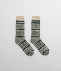 RoToTo Multi Jacquard Socks in Ivory and Dark Green