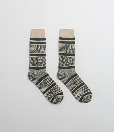 RoToTo Multi Jacquard Socks in Ivory and Dark Green