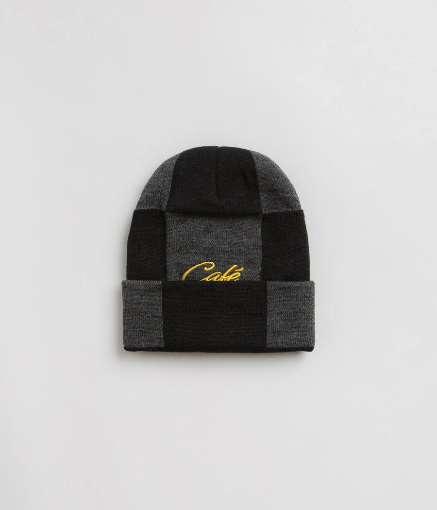 Skateboard Cafe Check Fold Beanie in Charcoal and Black / Gold