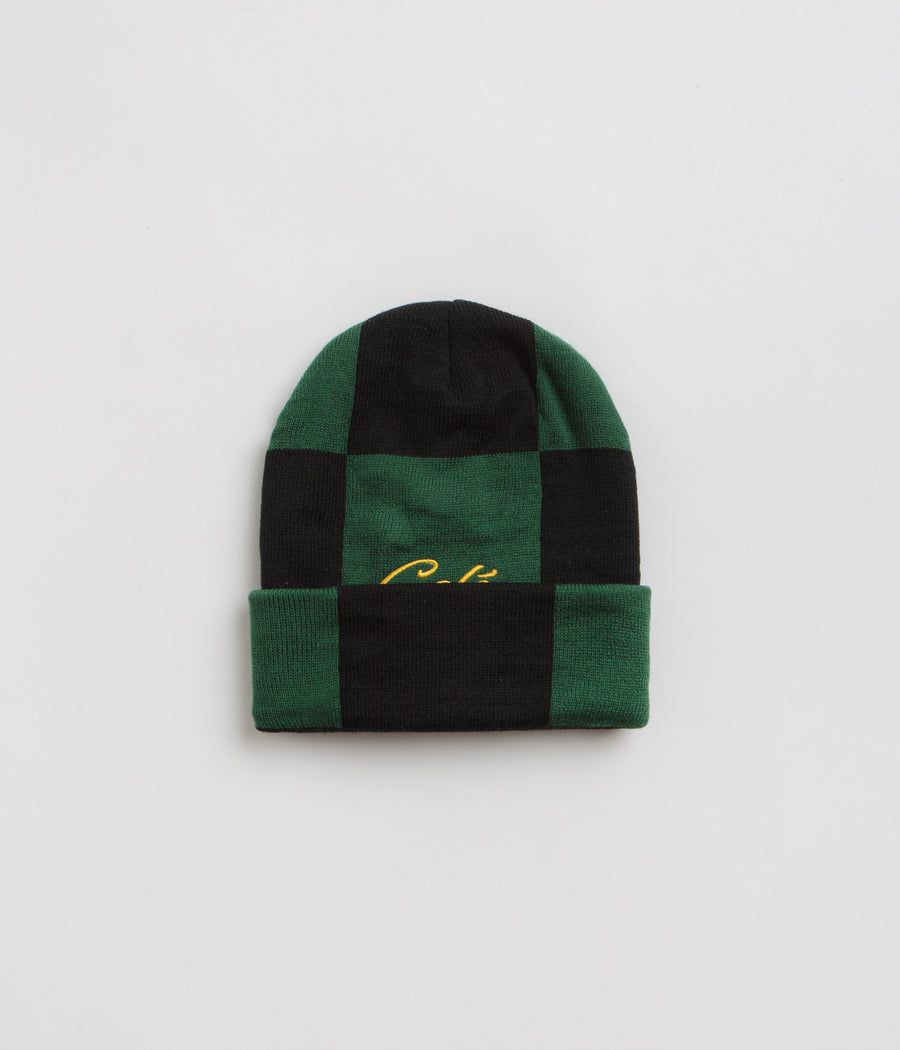 Skateboard Cafe Check Fold Beanie in Forest Green and Black / Gold