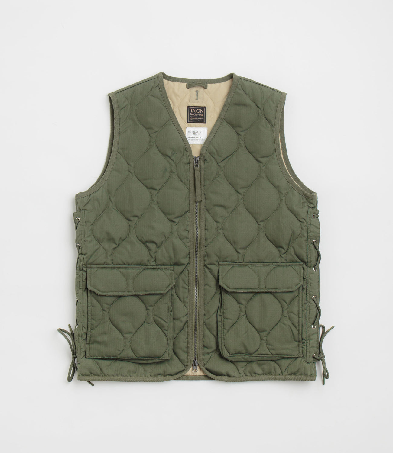 Taion Military W-Zip Lace Up V Neck Down Vest - Olive | Flatspot