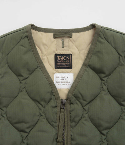 Taion Military W-Zip Lace Up V Neck Down Vest in Olive