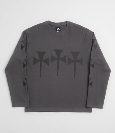 The Trilogy Tapes Three Cross Waffle Long Sleeve T-Shirt in Charcoal and Balck