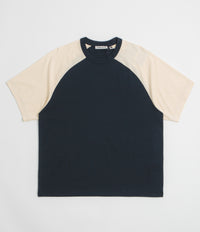 ★MAINBOOTH★Somniac Raglan T-shirt(NAVY)★正規品/直送料込 チェックジャガード×袖ポンチ 異素材Tシャツ｜メンズ