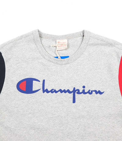 Champion Reverse Weave Tricolour Script Logo T-Shirt - Grey / Navy / Red